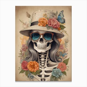 Vintage Floral Skeleton With Hat And Sunglasses (45) Canvas Print