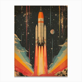 Space Odyssey: Retro Poster featuring Asteroids, Rockets, and Astronauts: Space Shuttle Launch Canvas Print Canvas Print