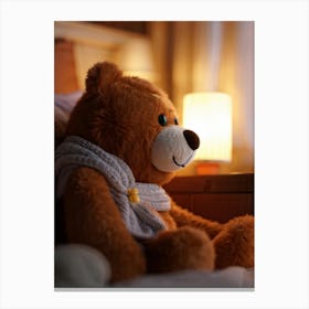 Teddy Bear Nestled Under A Pile Of Soft Knitted Blankets And A Scarf With Plush Fringes Meeting The Canvas Print