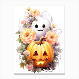 Cute Ghost With Pumpkins Halloween Watercolour 23 Canvas Print