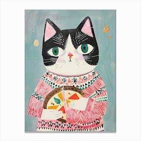 Happy Black And White Cat Eating Pizza Folk Illustration 2 Canvas Print