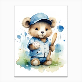 Baseball Teddy Bear Painting Watercolour 2 Canvas Print