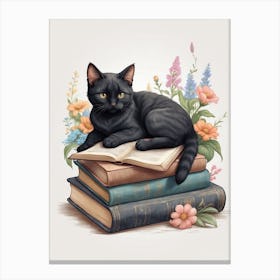 Black Cat On Books Canvas Print