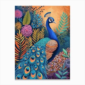 Folky Floral Peacock With The Big Leaves 3 Canvas Print