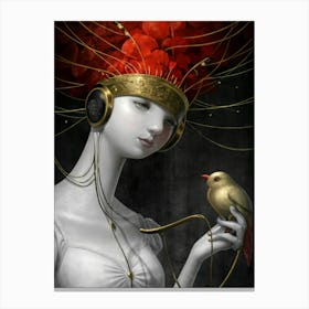 Woman With Headphones And A Bird 4 Canvas Print