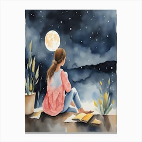 Girl At The Moon Canvas Print