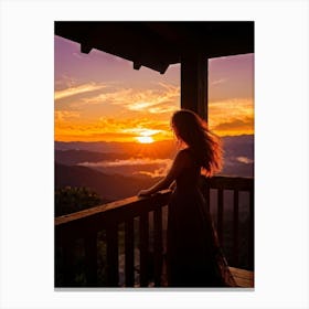 Woman Basking In Sunsets Glow On A Mountain Porch Silhouette Against A Sky Painted With Hues Of Or (1) Canvas Print