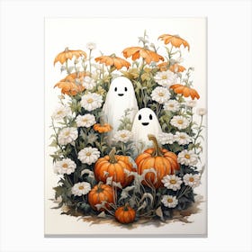 Cute Bedsheet Ghost, Botanical Halloween Watercolour 92 Canvas Print