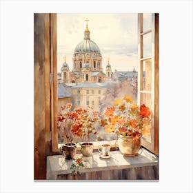 Window View Of Berlin Germany In Autumn Fall, Watercolour 1 Canvas Print