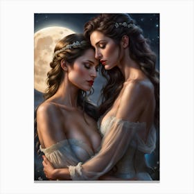 Two Women Hugging In The Moonlight Canvas Print