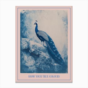 Navy Blue Peacock Portrait Cyanotype Inspired 2 Poster Canvas Print