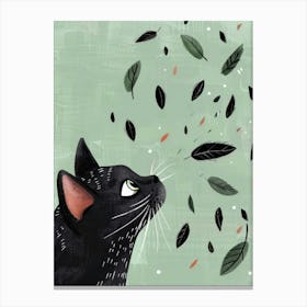 Black Cat With Leaves 1 Canvas Print