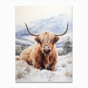 Highland Cow In The Snow Watercolour 4 Canvas Print