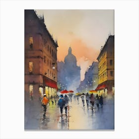 Rainy Day In Prague, Acquerello paesaggio Urban Italian Rome or Milan Canvas Print