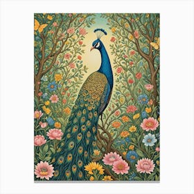 Peacock In The Floral Forest Canvas Print