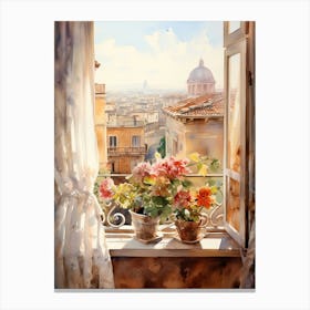 Window View Of Rome Italy In Autumn Fall, Watercolour 1 Canvas Print