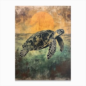 Vintage Sea Turtle At Sunset Painting 3 Canvas Print