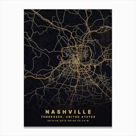 Nashville Tennessee USA Black And Gold Map Canvas Print