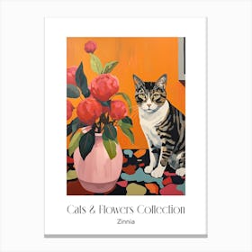 Cats & Flowers Collection Zinnia Flower Vase And A Cat, A Painting In The Style Of Matisse 3 Canvas Print
