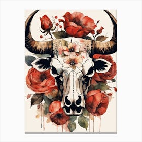 Vintage Boho Bull Skull Flowers Painting (37) Canvas Print