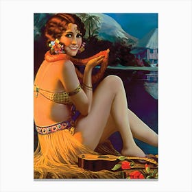 Pinup Hula Girl With Flower Wreath Canvas Print