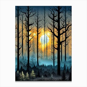 Forest At Sunset 2, Forest, sunset,   Forest bathed in the warm glow of the setting sun, forest sunset illustration, forest at sunset, sunset forest vector art, sunset, forest painting,dark forest, landscape painting, nature vector art, Forest Sunset art, trees, pines, spruces, and firs, black, blue and yellow Canvas Print