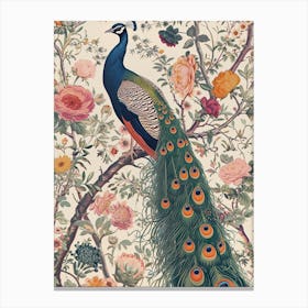 Vintage Peacock Cream Floral Decadent Wallpaper 2 Canvas Print