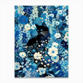 Black Cat In Blue Flowers 7 Canvas Print