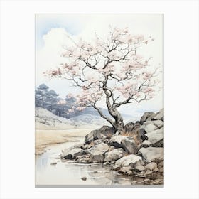 Yufuin In Oita, Japanese Brush Painting, Ukiyo E, Minimal 1 Canvas Print