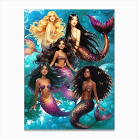 Mermaids, mermaid, friends, girls, kids, teen, children, bubbles, underwater, multiethnic, ocean, sea, water Canvas Print