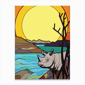 Simple Rhino Line Illustration By The River 4 Canvas Print