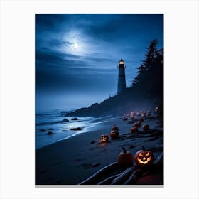 Jack O Lanterns Emanating Ethereal Glow Arrayed On A Shadowy Beach Misty Coastal Backdrop Myster (1) Canvas Print