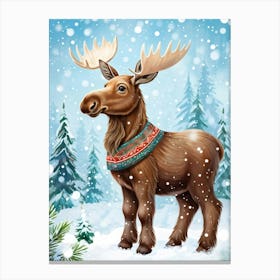 Scandinavian Art Illustration Baby Moose Adorned With Twinkling Ornaments On Its Antlers Standing Canvas Print