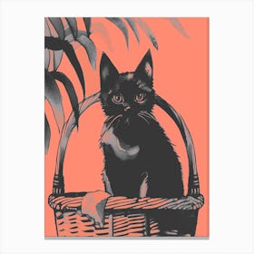 Black Kitty Cat In A Basket Peach Canvas Print