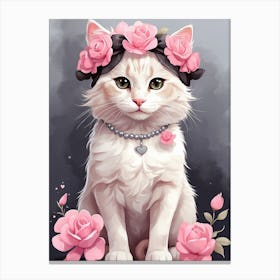 Pink Cat With Roses Canvas Print