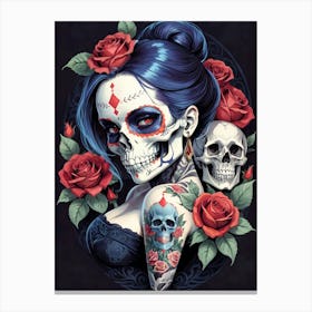 Sugar Skull Girl With Roses Painting (7) Canvas Print
