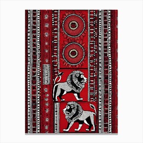 African Quilting Inspired Art of Lion Folk Art, Poetic Red, Black and white Art, 1221 Canvas Print