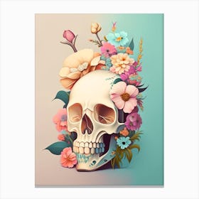 Skull With Tattoo Style 1 Artwork Pastel Vintage Floral Canvas Print