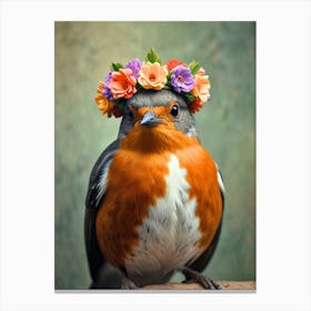 Robin With Flower Crown 2 Canvas Print