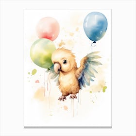 Baby Parrot Flying With Ballons, Watercolour Nursery Art 4 Canvas Print
