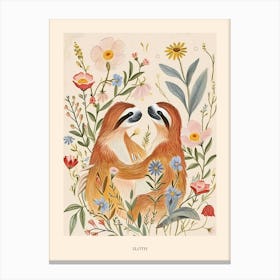 Folksy Floral Animal Drawing Sloth Poster Canvas Print