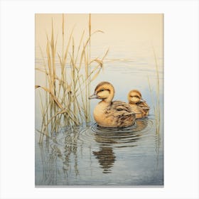 Pair Of Ducklings In The Water Japanese Woodblock Style 2 Canvas Print