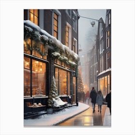 Amsterdam cafes, winter season, Christmas, autumn oil colors, pale colors, pedestrians in the street, winter clothes, falling snow.2 2 Canvas Print