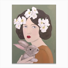 Woman With White Flowers And Rabbit Canvas Print