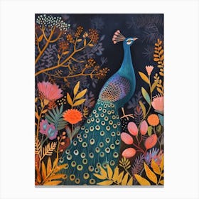Folky Floral Peacock At Night In The Wild Canvas Print