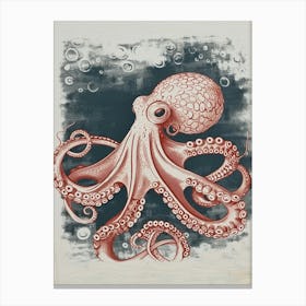 Detailed Red & Navy Linocut Octopus 3 Canvas Print