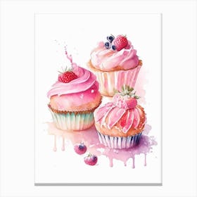 Strawberry Cupcakes, Dessert, Food Pastel Watercolour Canvas Print