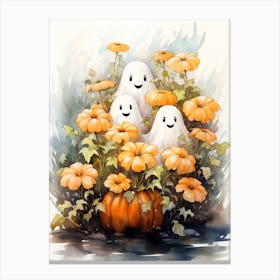 Cute Bedsheet Ghost, Botanical Halloween Watercolour 57 Canvas Print