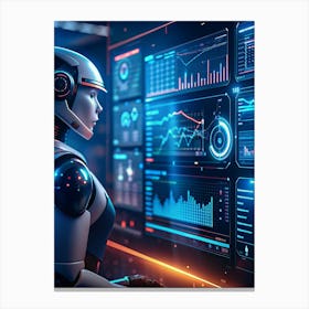 A White Female Robot With A Headset, Looking At A Large Screen Displaying Data And Charts In A Futuristic Setting Canvas Print