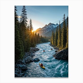 Sunrise Reflecting Off A Serene Mountain River Trekkers In The Distance Trailing Along A Forested B Canvas Print